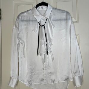 White satin like with bounce collar, black tie, size small